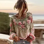 Women's Boho Pink Rose Embroidered Sequin Gradient T-shirt - Image 2