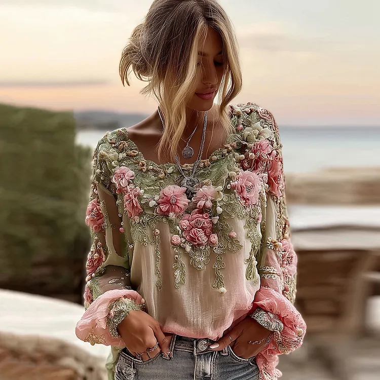Women's Boho Pink Rose Embroidered Sequin Gradient Hoodie