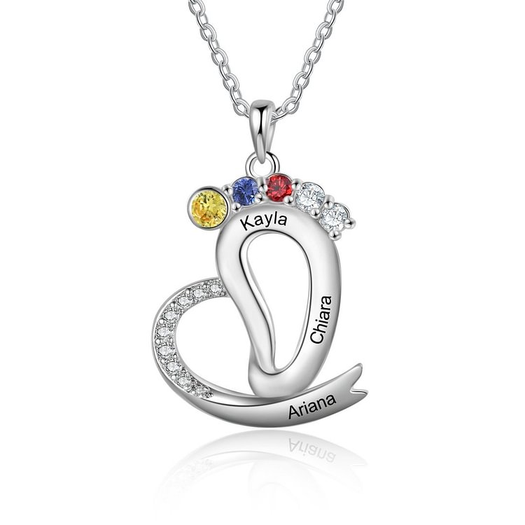 Collar 3 nombres personalizados pie de bebé con 3 piedras de nacimiento huella