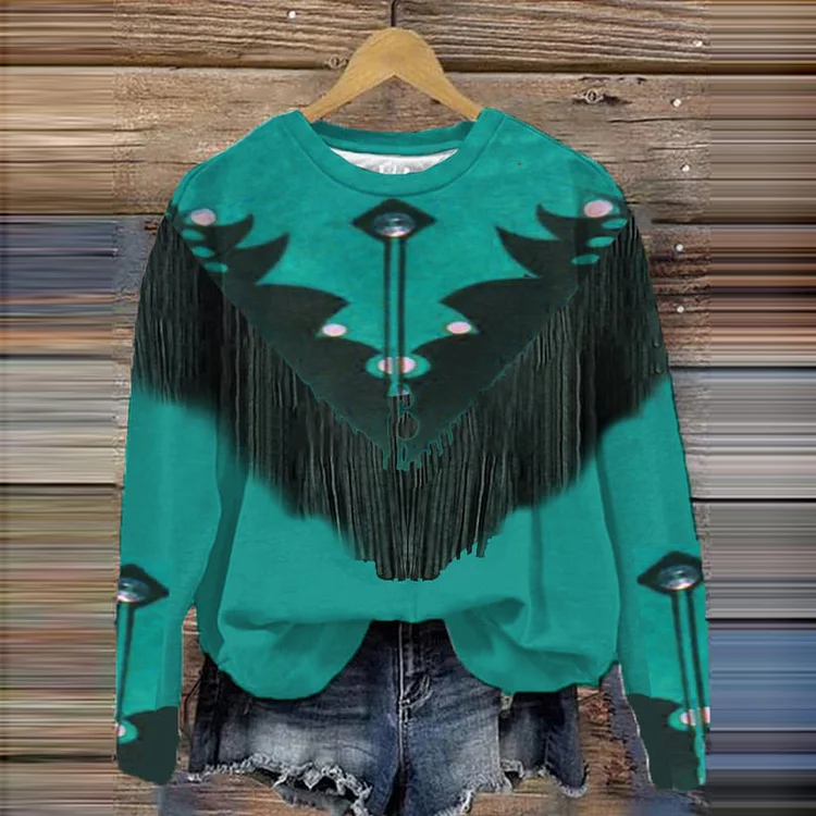 Western Tassel Printed Crew Neck Sweatshirt