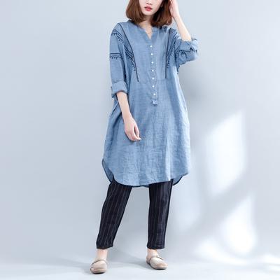 Women Clothing Vintage Embroidery Cotton Linen Long Shirts Loose V-neck Blouses