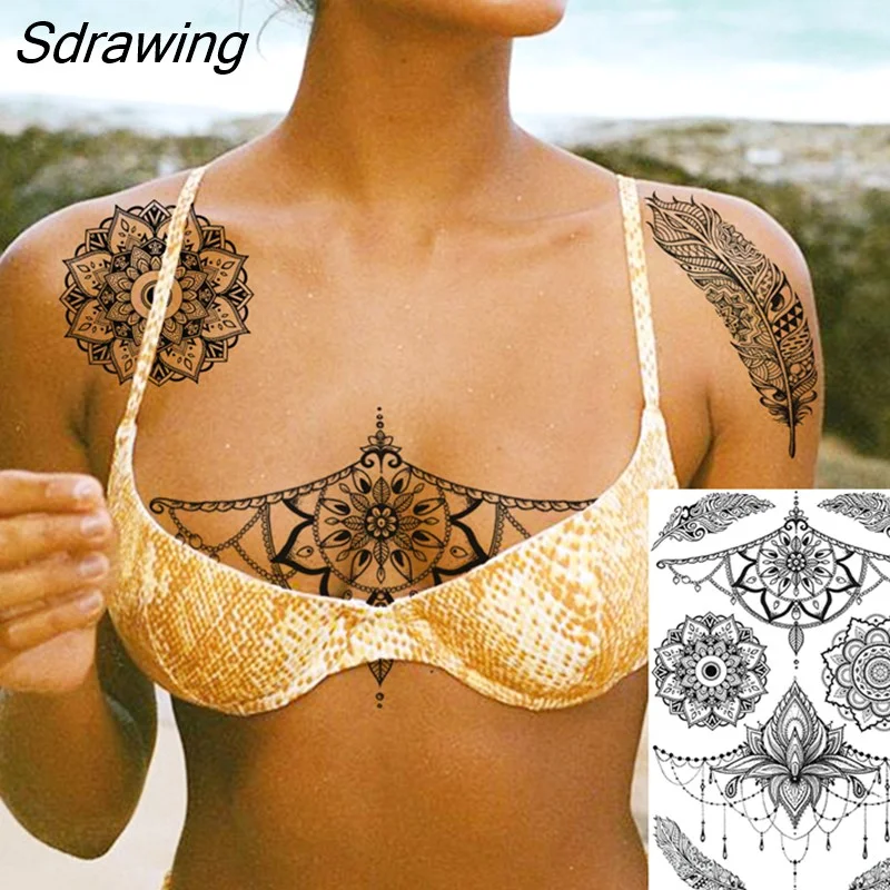 Sdrawing Henna Temporary Tattoos For Women Girls Feather Butterfly DreamCatcher Fake Gem Tattoo Sticker Chest Arm Tatoos Tribal 328-1
