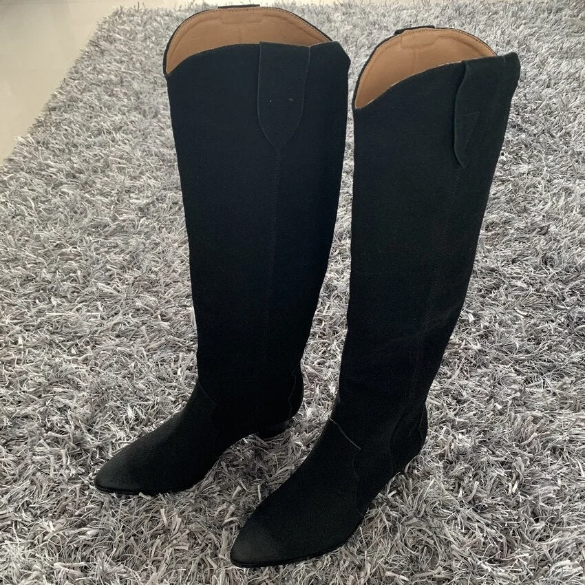 2020 Western boots black Leather knee high boots for women pointed toe winter long boots women chunky heels cowboy knight boots