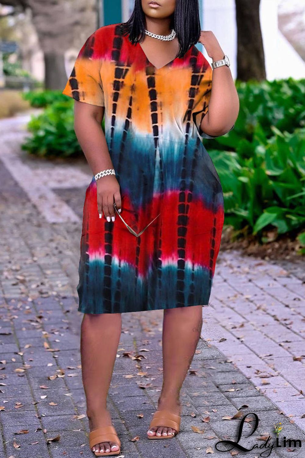 Blue Fashion Casual Print Basic V Neck Short Sleeve Dress