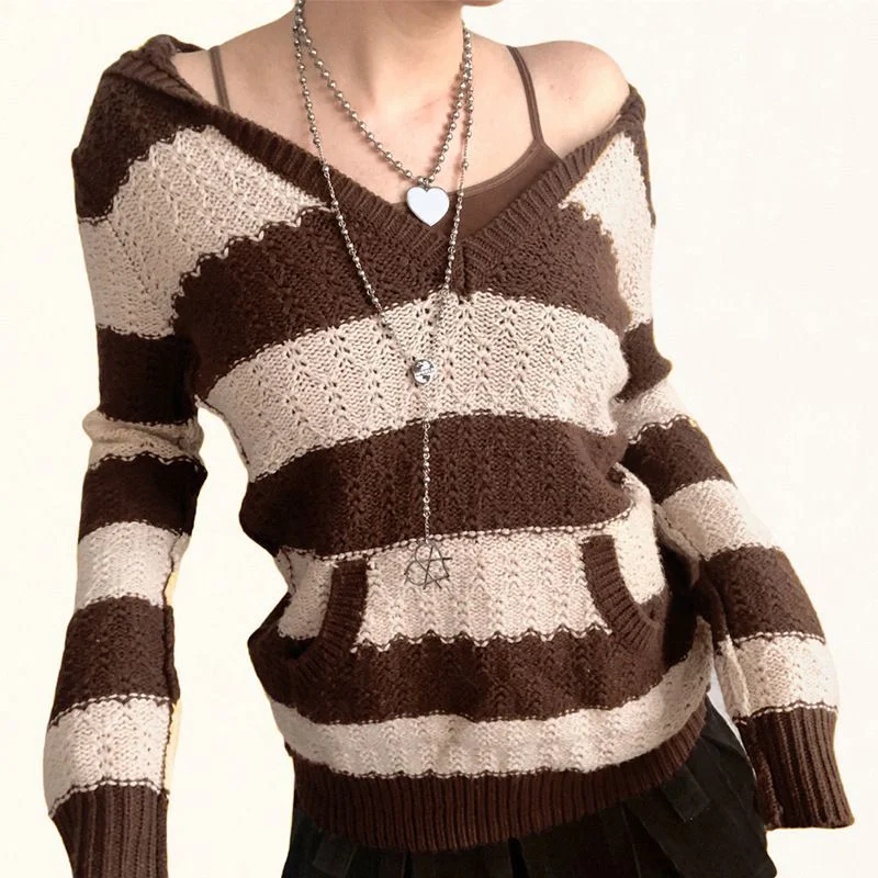 Long-Sleeve Striped Pointelle Knit Hooded Sweater YP540