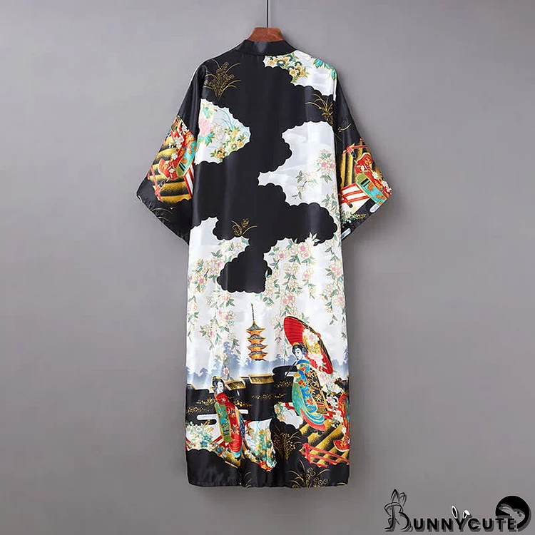 Vintage Print Robe Long Cardigan Kimono Outerwear