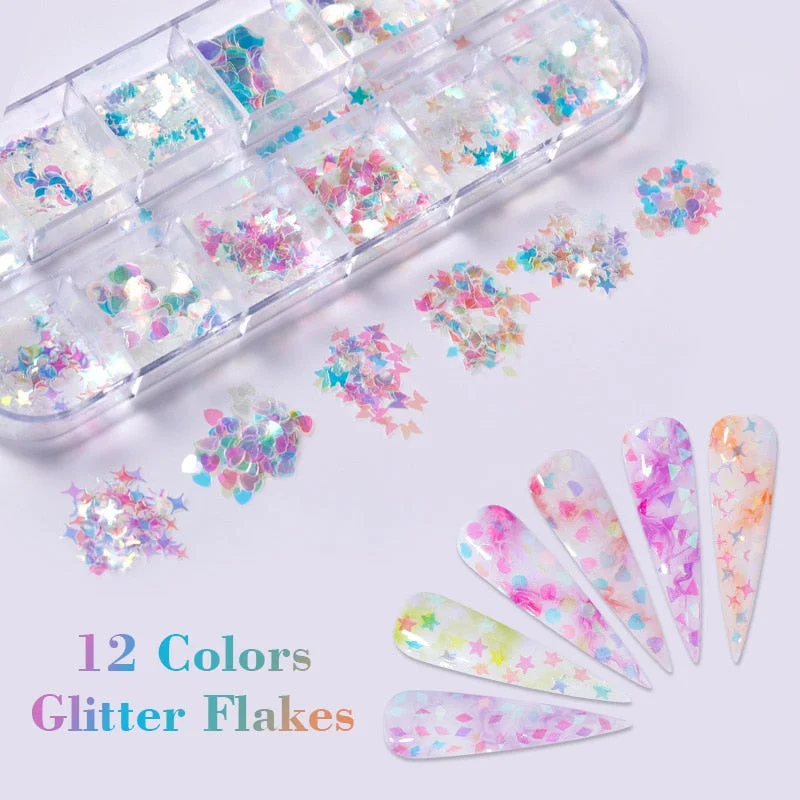 12 Grids Spangles Nail Sequins Aurora AB Nail Flakes Stunning Pailliette Heart Butterfly Spring Sticker Nart Tips Decoration-Nail Inspo
