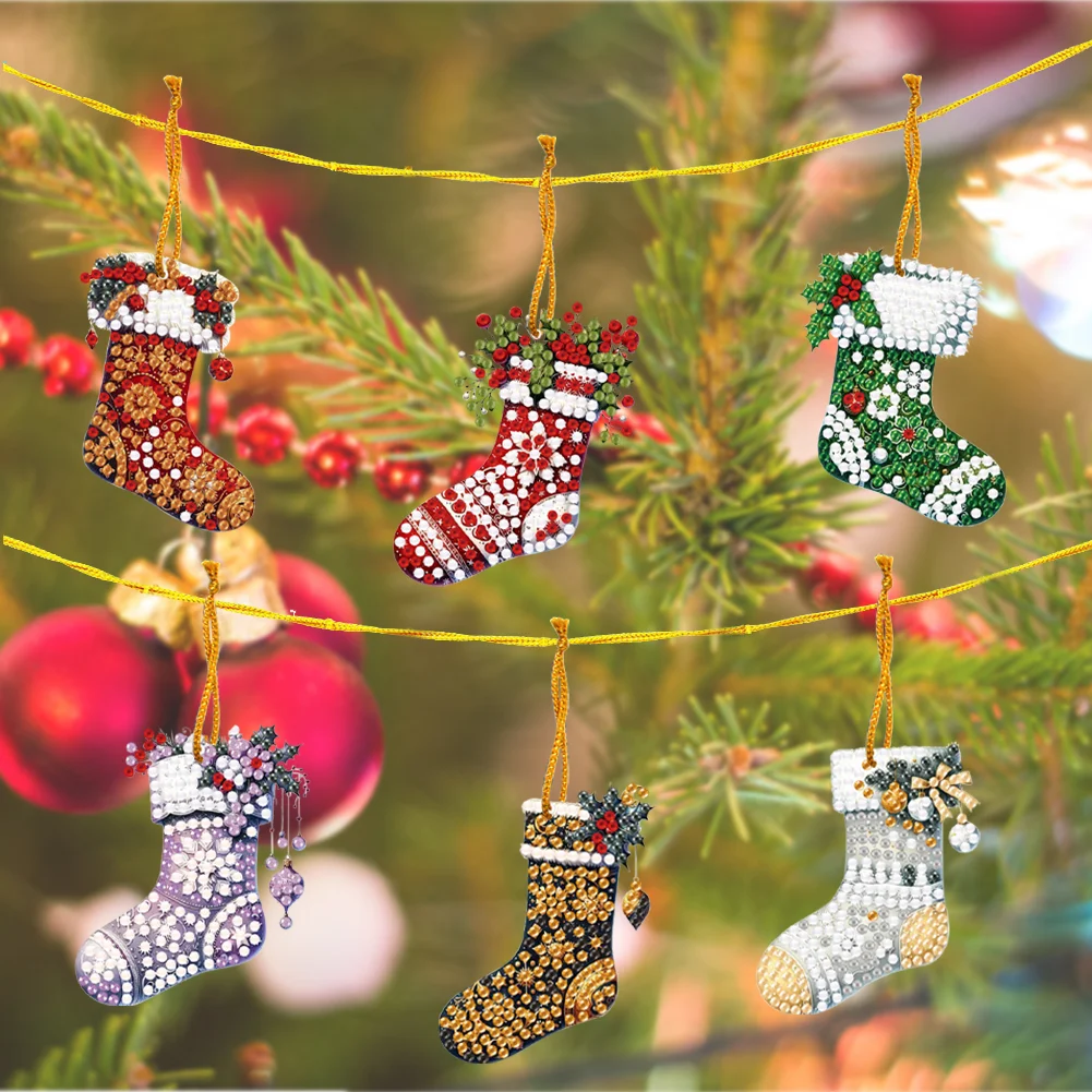 6pcs Xmas Stockings 2D Flat DIY Diamond Art Pendant Wall Door Decoration