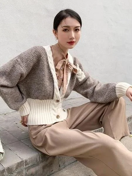 Unique Coffee V Neck Open Stitch Patchwork Long Sleeve Knit Coat