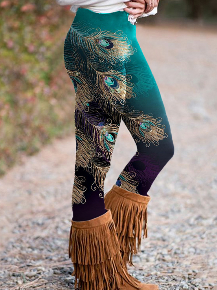 Comstylish Women's Western Peacock Feathers Printed Casual Leggings