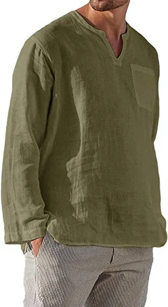Men's Long Sleeve V Neck Casual Beach Linen Shirt