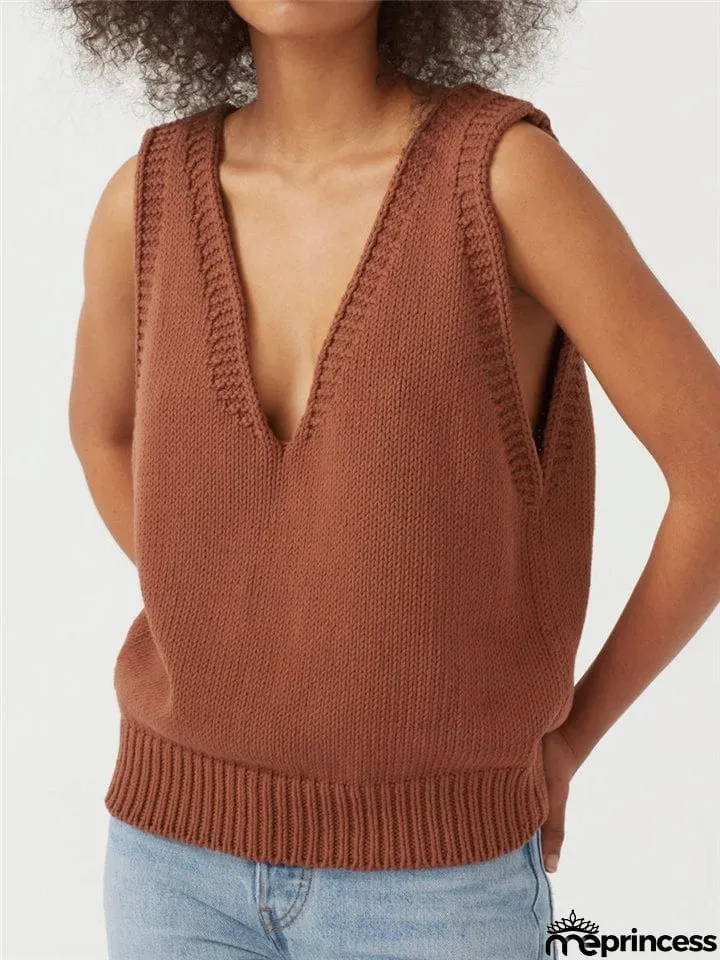 Relaxed Fit Fine Knit V Neck Ribbed Detailing Solid Color Sleeveless Sweater Vest