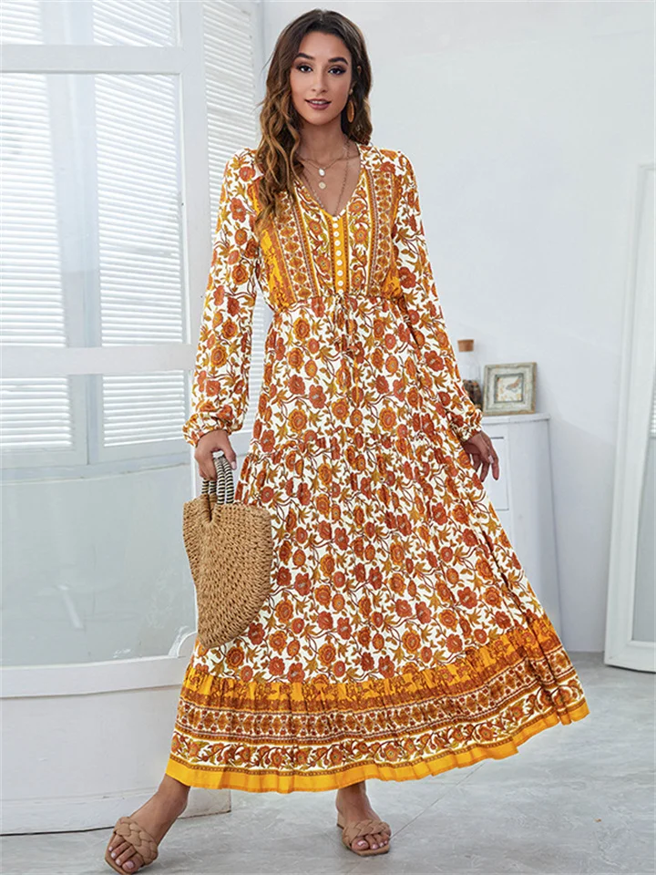 V-Neck Fashion Printed High Waist Long Skirt Dress
