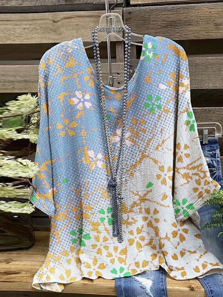 Women's Vintage Floral Printed Round Neck T-Shirt