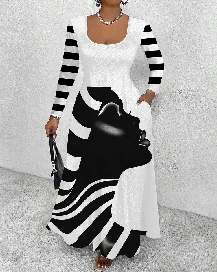 Black and White Striped Face Art Long Sleeve Maxi Dress