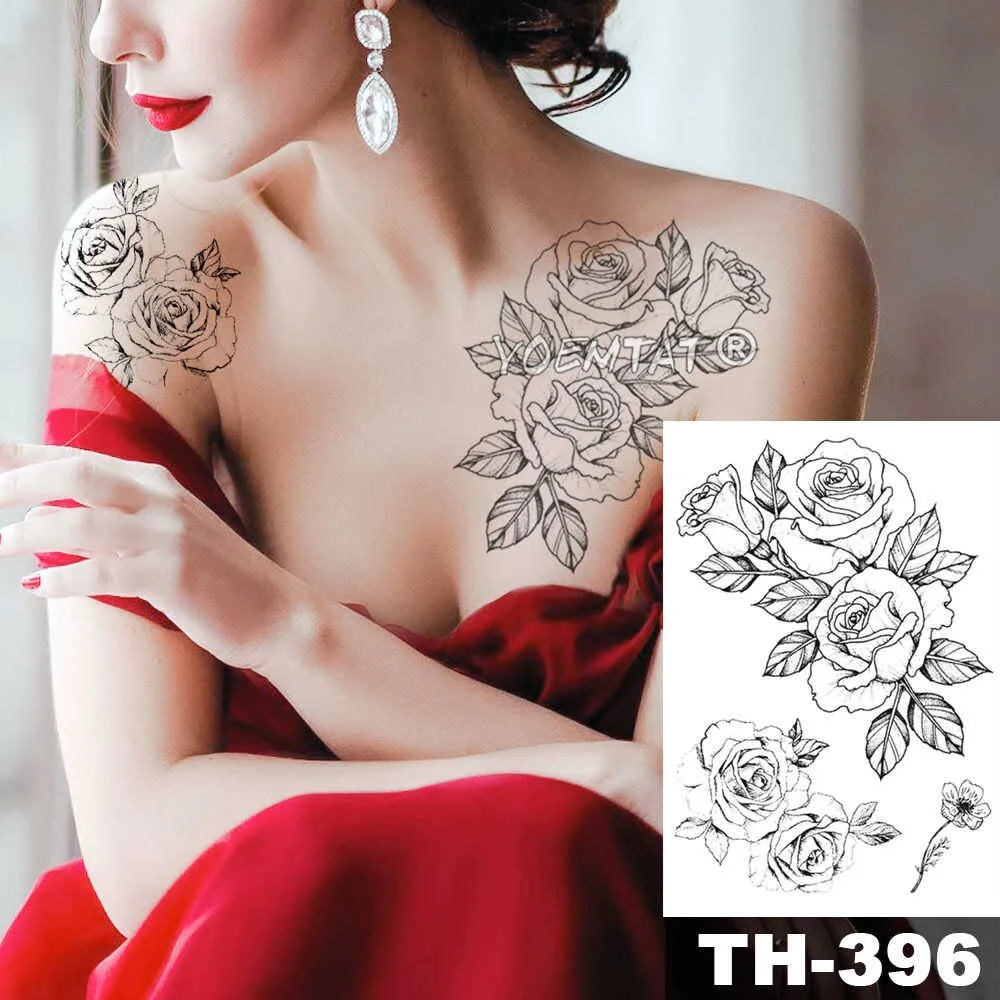 Heart shaped Clock Jewel Rose Waterproof Temporary Tattoo Sticker Black Arm Back Flowers Big Tatto Body Art Fake Tatoo For Women