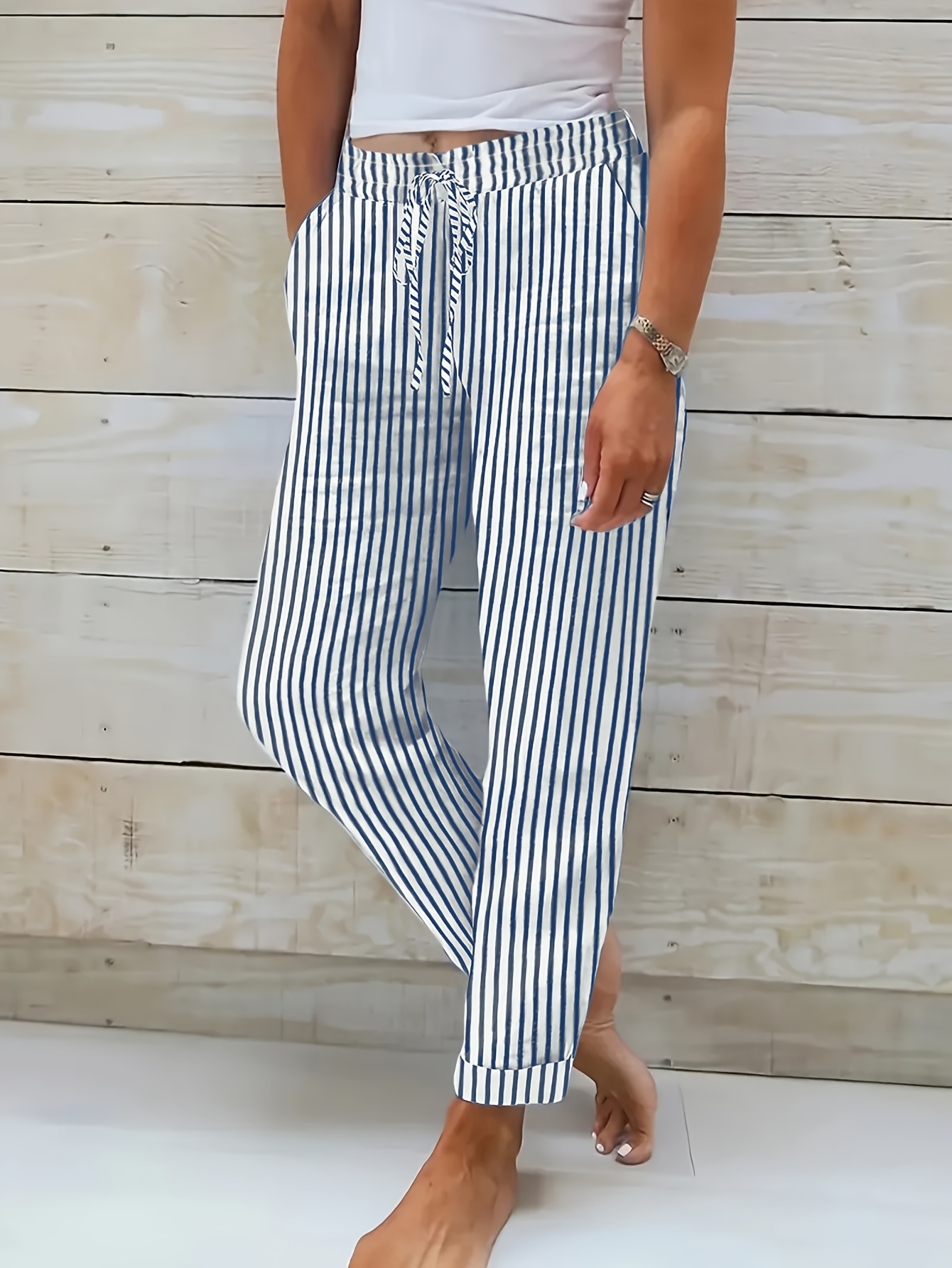 Women's Casual Striped Drawstring Pants With Pockets - Elastic Waist, Straight Leg, Black & White Vertical Stripes, Comfortable Loose Fit For Casual Attire, Relaxed Fit Pants | Straight Leg Pants | Elastic Waistband Pant | IFYHOME