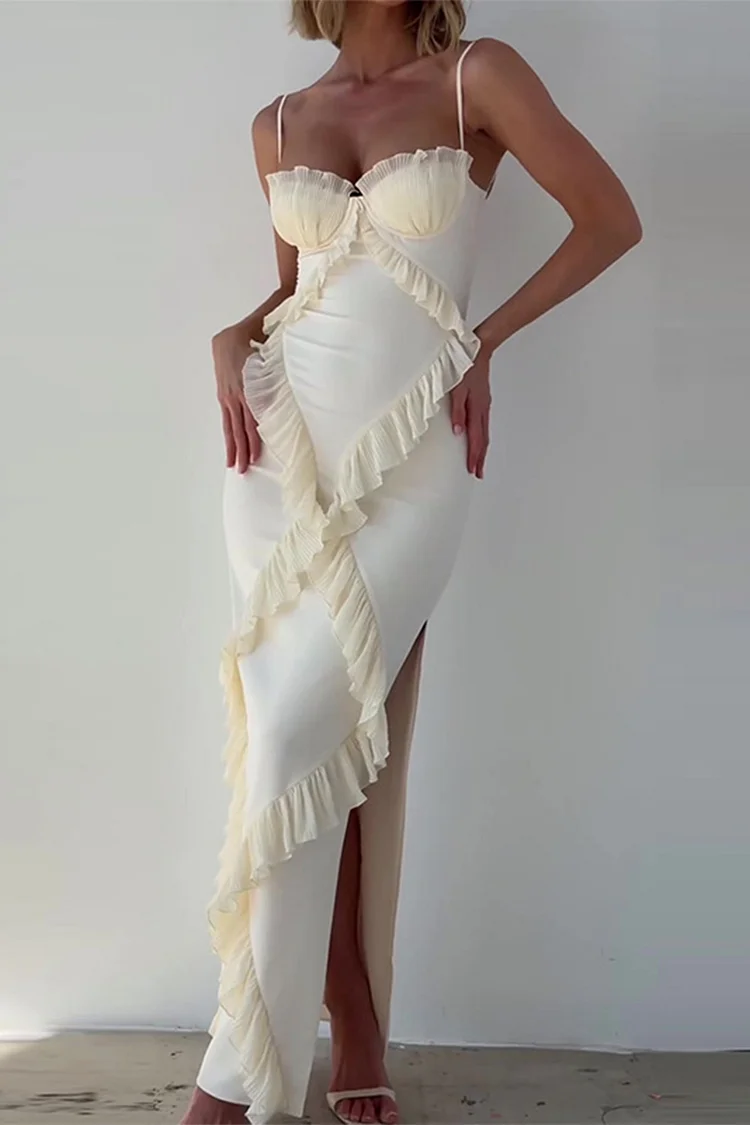 Cocktail White Ruffle Slit Sheath Cami Maxi Dress