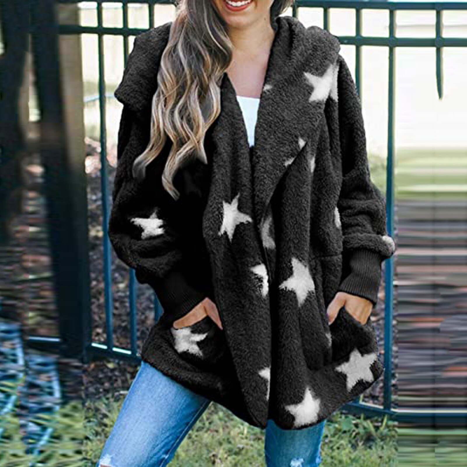 Women's Casual Stars Pockets Oversized Faux Fur-Fuzzy Hooded Outerwear Coat