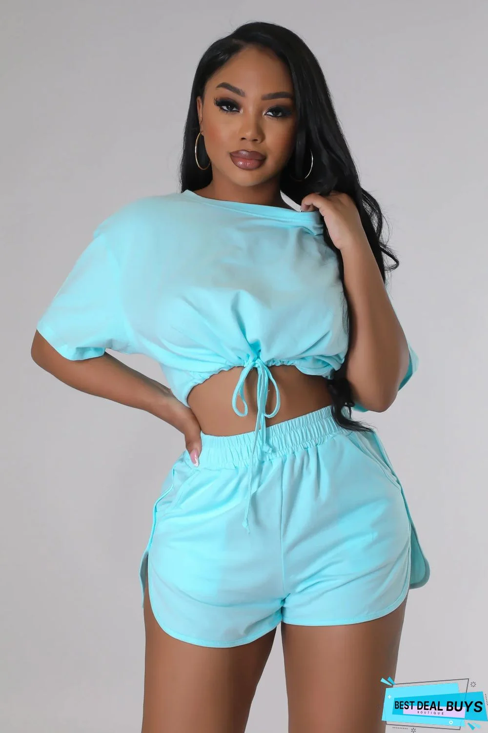 Women's Solid Color Fashion Loose Short Sleeve Drawstring Casual Summer Two-Piece Shorts Set