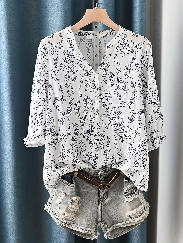 Women's Vintage Floral Blouse - Lightweight Semi-Sheer V-Neck Shirt With Navy Floral Print, Breathable Everyday & Formal Tops For Spring/Summer Outfits, Floral Print Blouse, Casual Outfit Top, Thin Fabric To