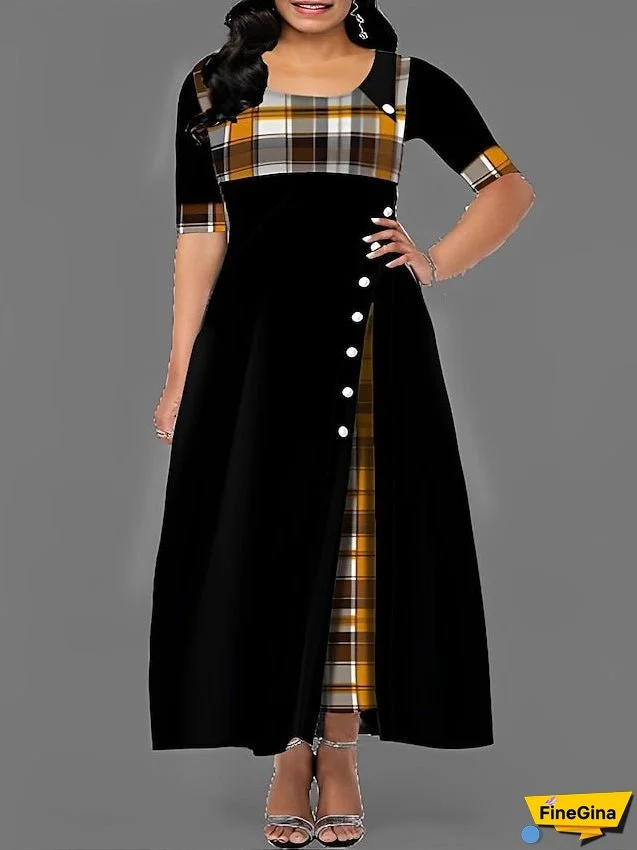 Women's Dress - Plus Size Casual Dress Plaid Crew Neck Print Half Sleeve Spring Fall Elegant Casual Maxi long Dress Work Daily Dress / Date