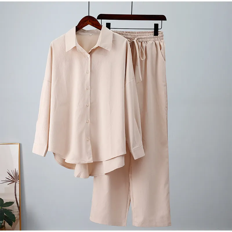 Brownm Brownm Fashion Autumn And Winter New Loose Elastic Wrinkle Long-Sleeved Shirt Broad Leg Pants Casual Suit Women 2 Sets