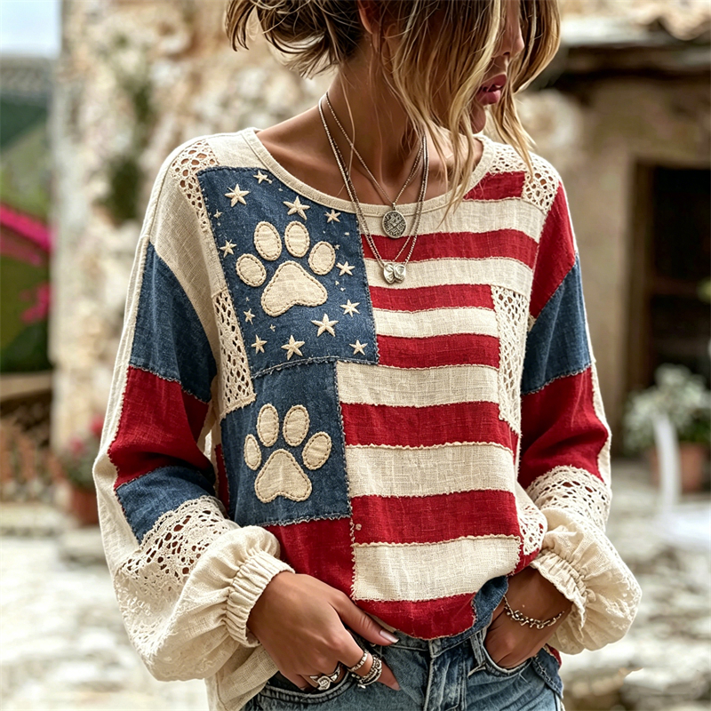  Lovely Paw Prints American Flag Patchwork Linen Tunic Westsshops