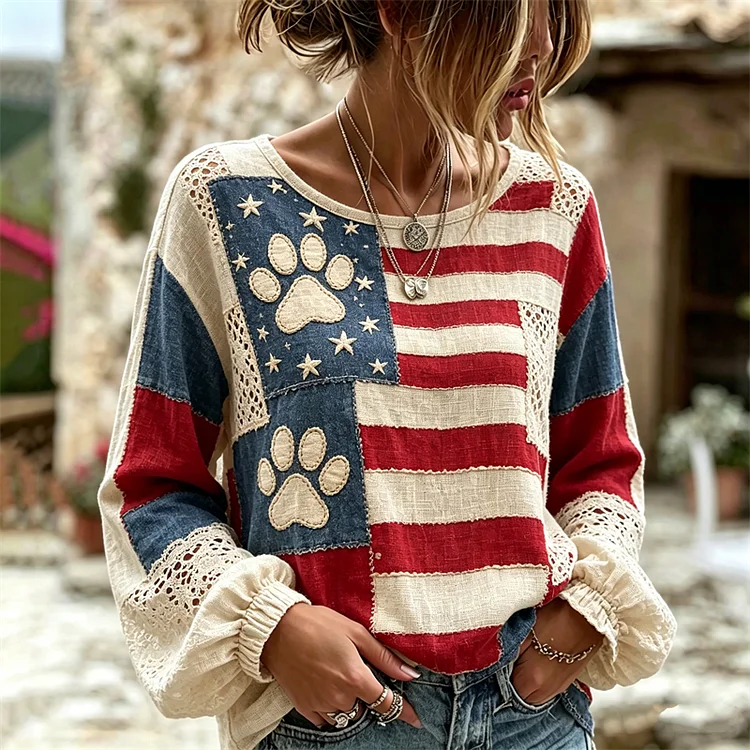 Lovely Paw Prints American Flag Patchwork Linen Tunic