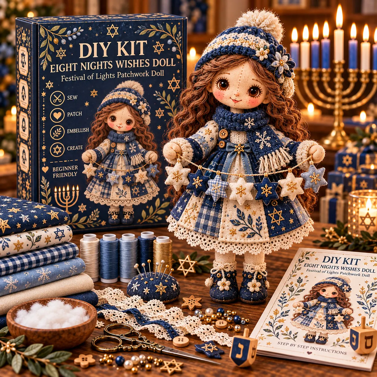 Hanukkah DIY patchwork doll kit design detail