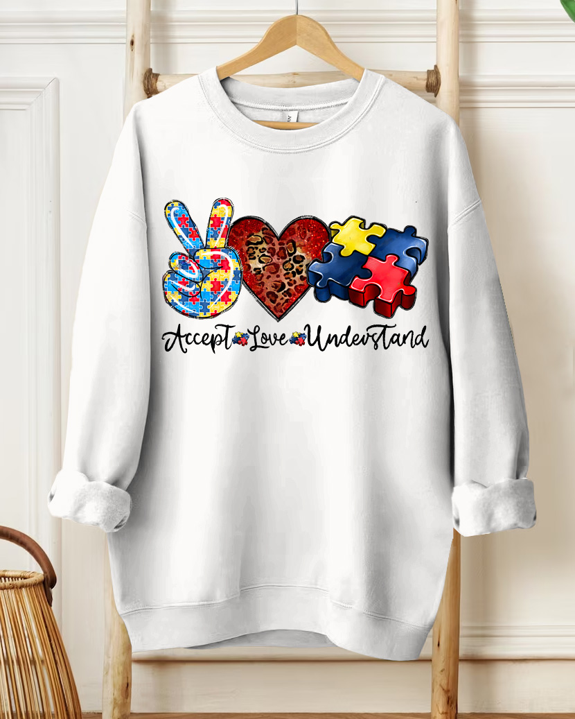 Accept Love Understand Printed Long-Sleeved Round-Neck Sweatshirt