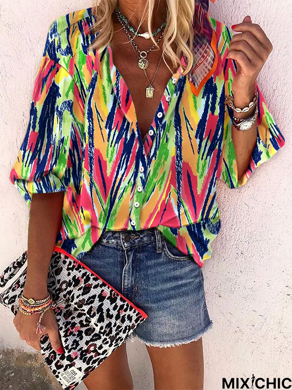 Color Block V neck Casual Blouse