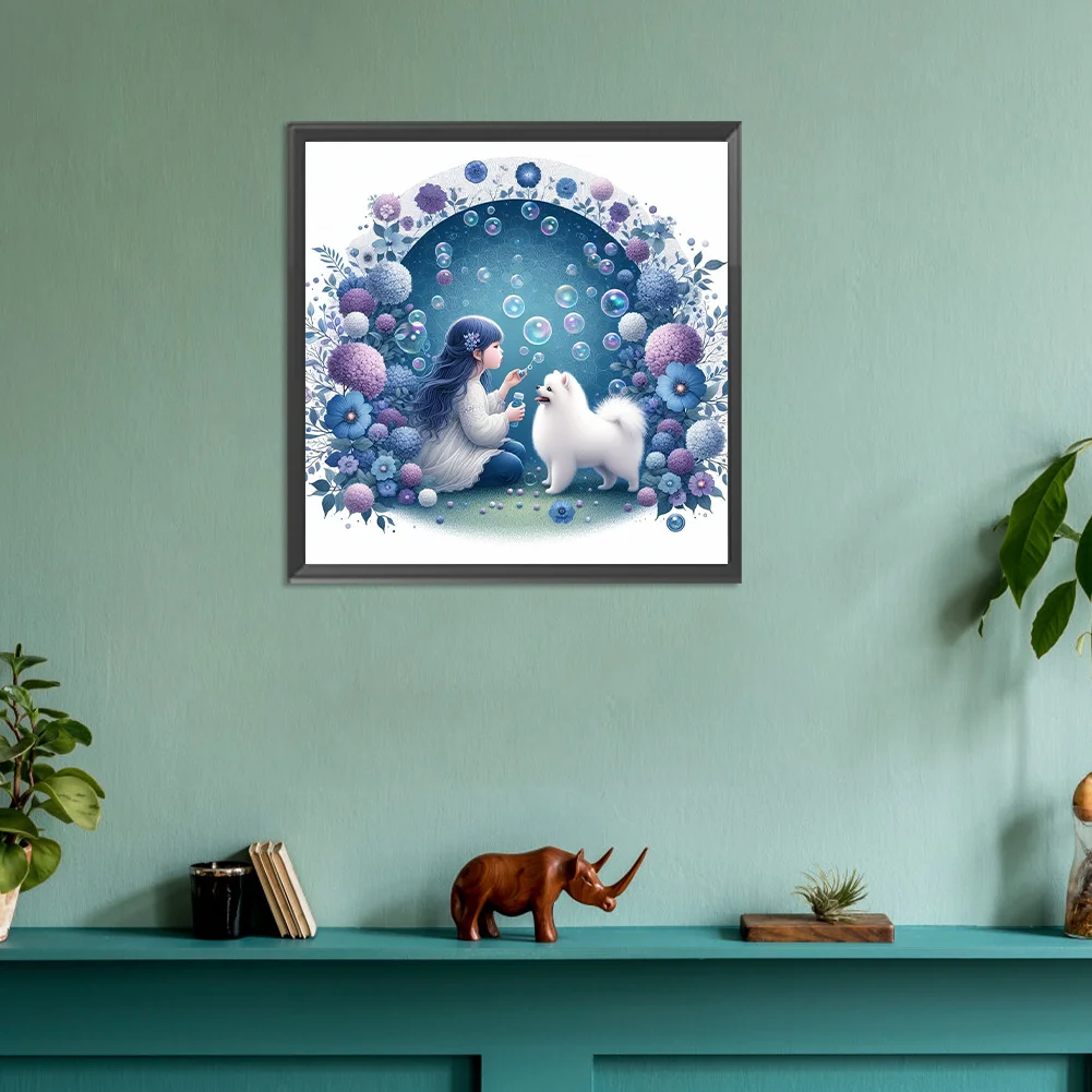 Full Round Diamond Painting 30*30cm - Girl And Samoyed Dog