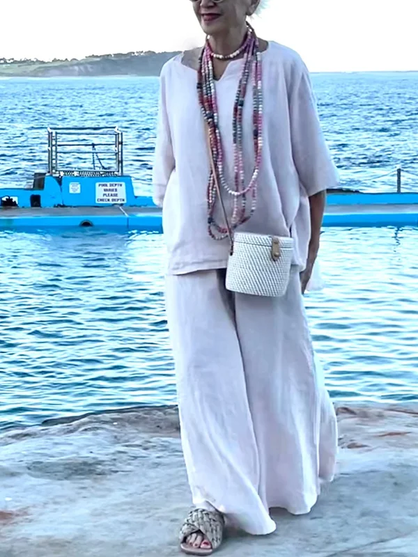 Women's solid color linen top and trousers suit