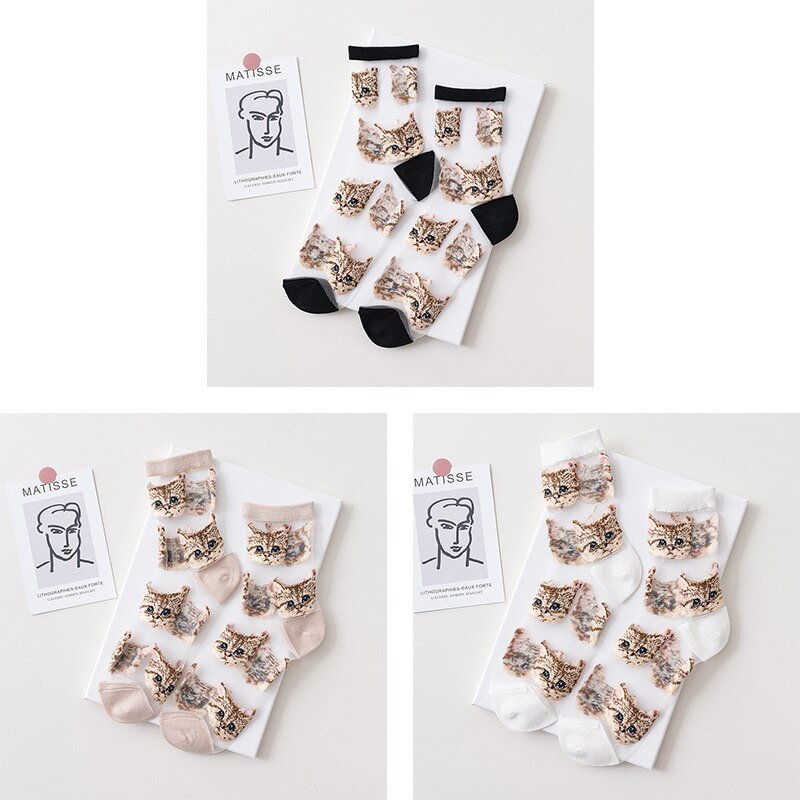 1/3 Pairs New Crystal Silk Tide Socks Women Funny Cat Flowers High Quality Novelty Harajuku Streetwear Mesh Transparent Socks