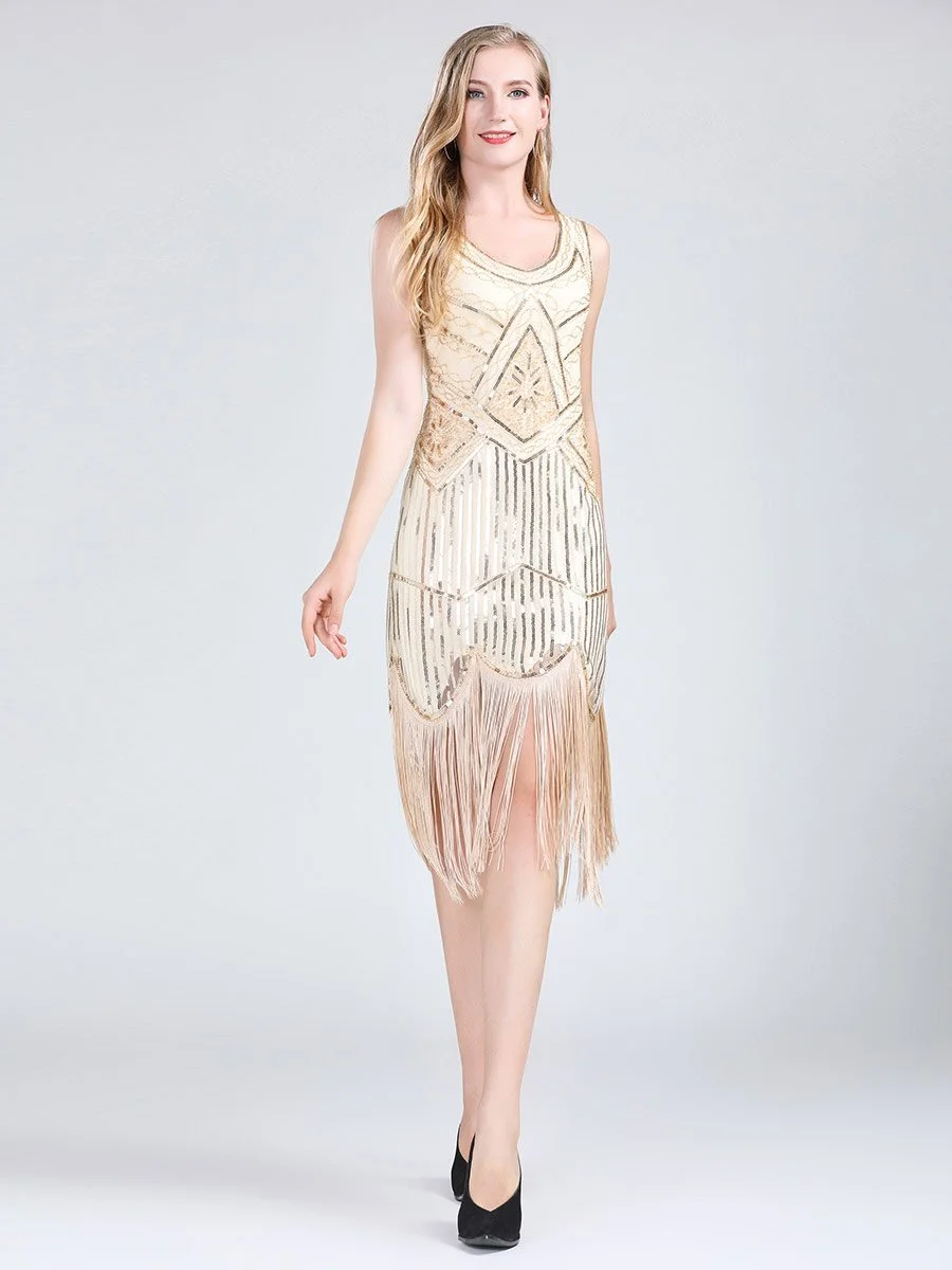 Flapper Dress 20s Sequin Double V-neck Beaded Fringed Dress