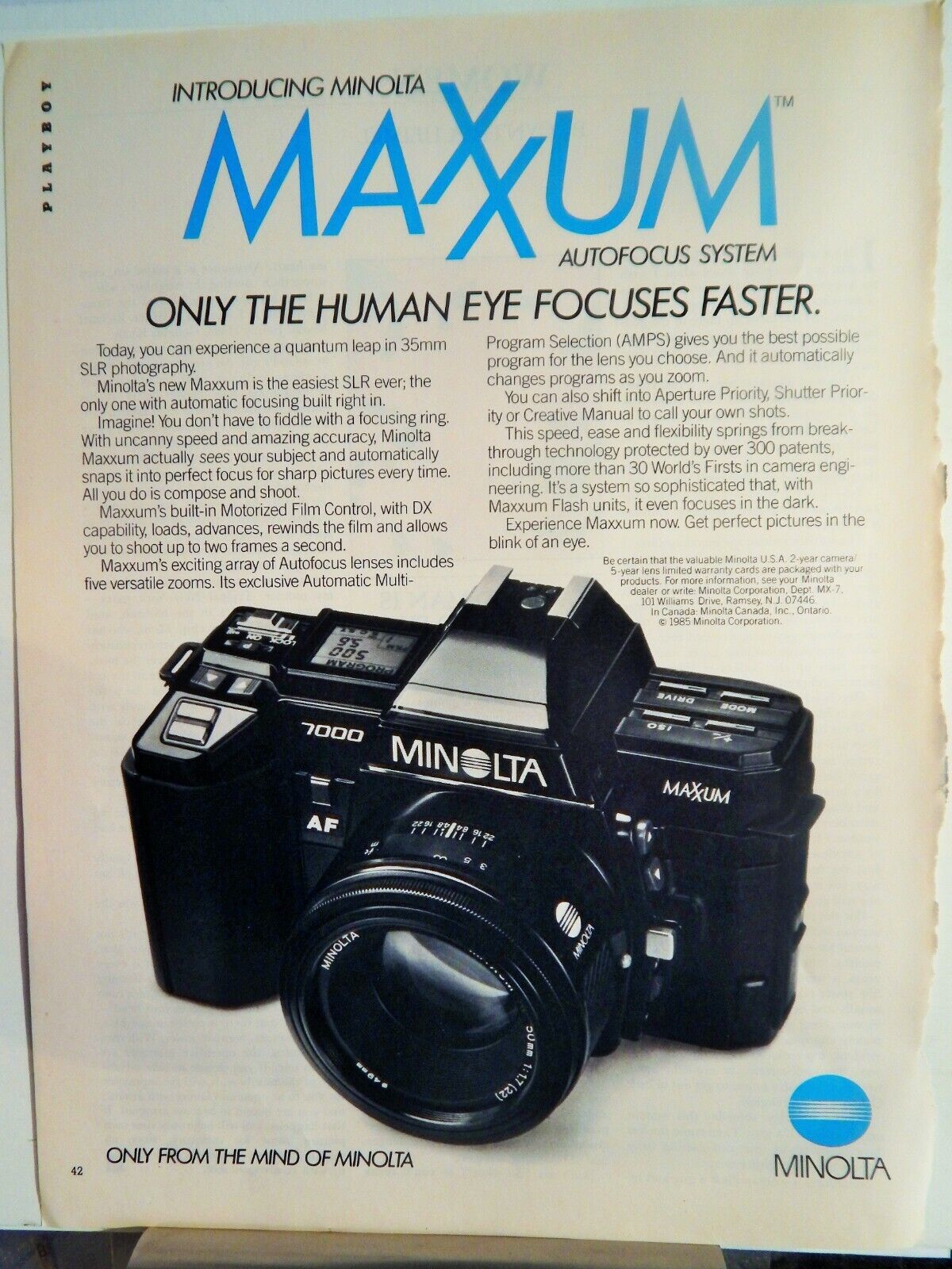 MINOLTA 7000 MAXXUM SLR 35MM CAMERA 1985 VTG Photo Poster painting AD, RARE EPHEMERA