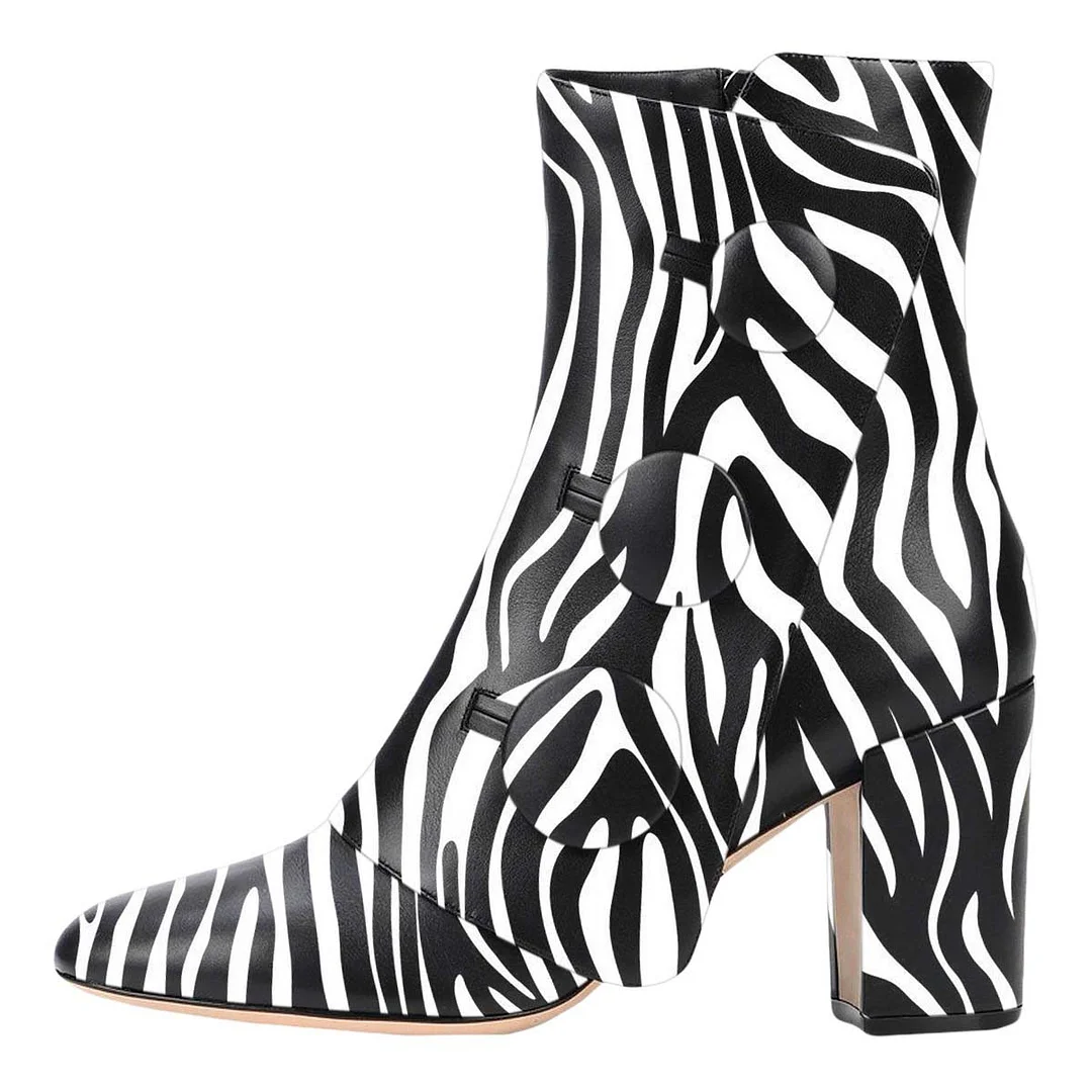 White & Black Round Toe Button Zebra Print Heeled Booties with Zipper