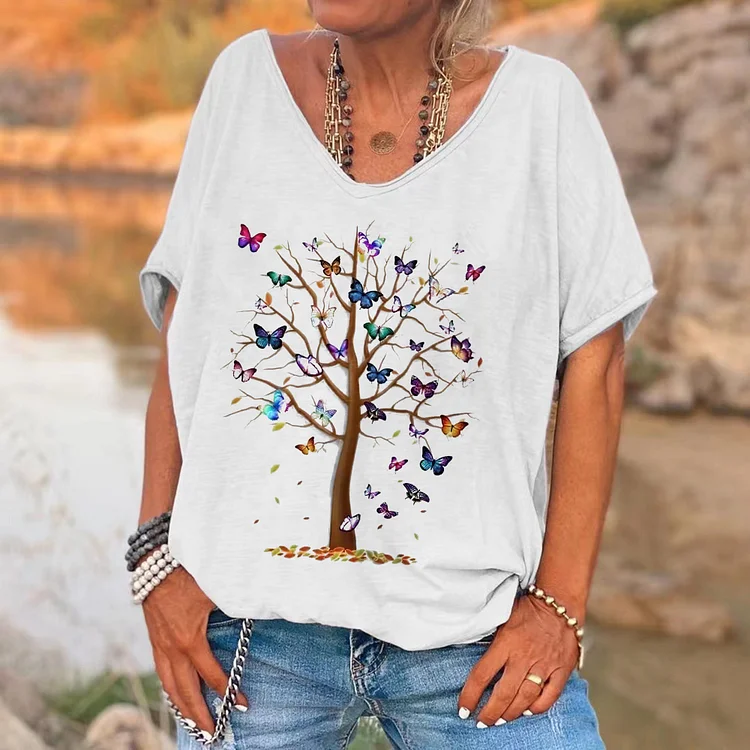 The Tree Of Colorful Butterflies Printed T-shirt socialshop