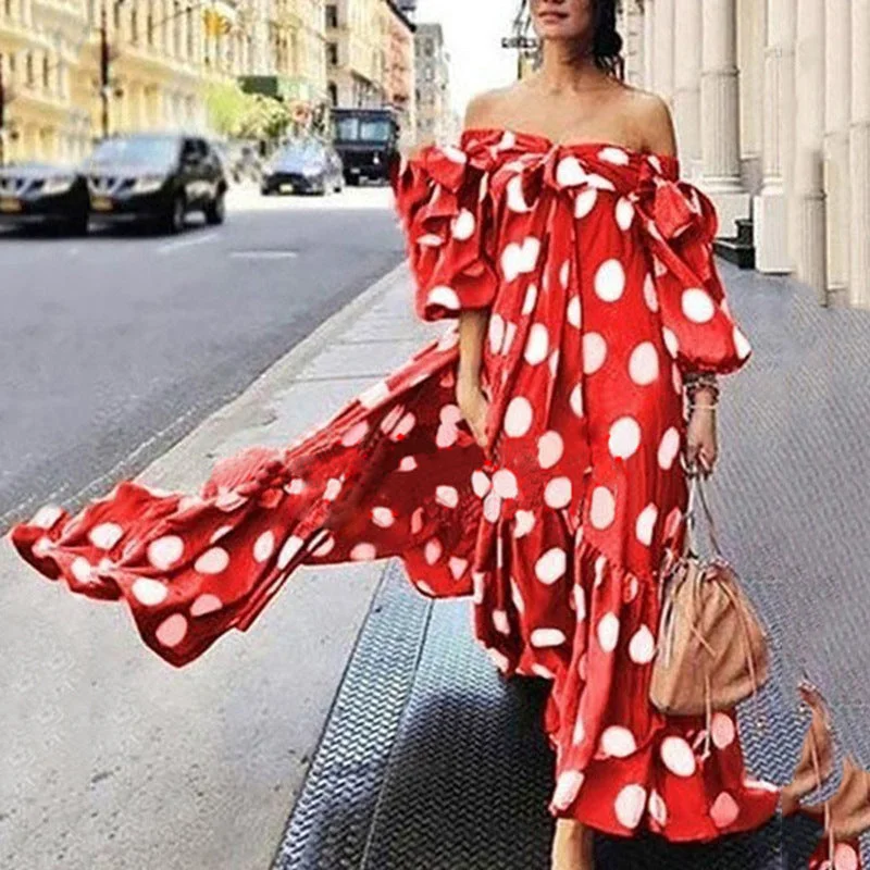 Uveng Off Shoulder Polka Dot Bohemian Maxi Dresses