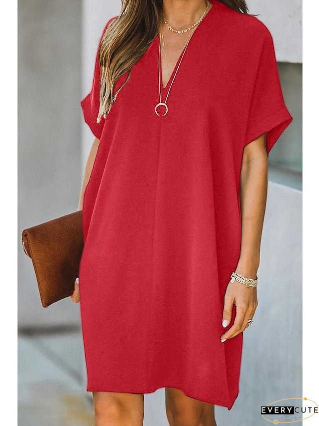 Casual Dress Midi Black White Yellow Short Sleeve Pure Color Summer Spring Neck Hot XXL