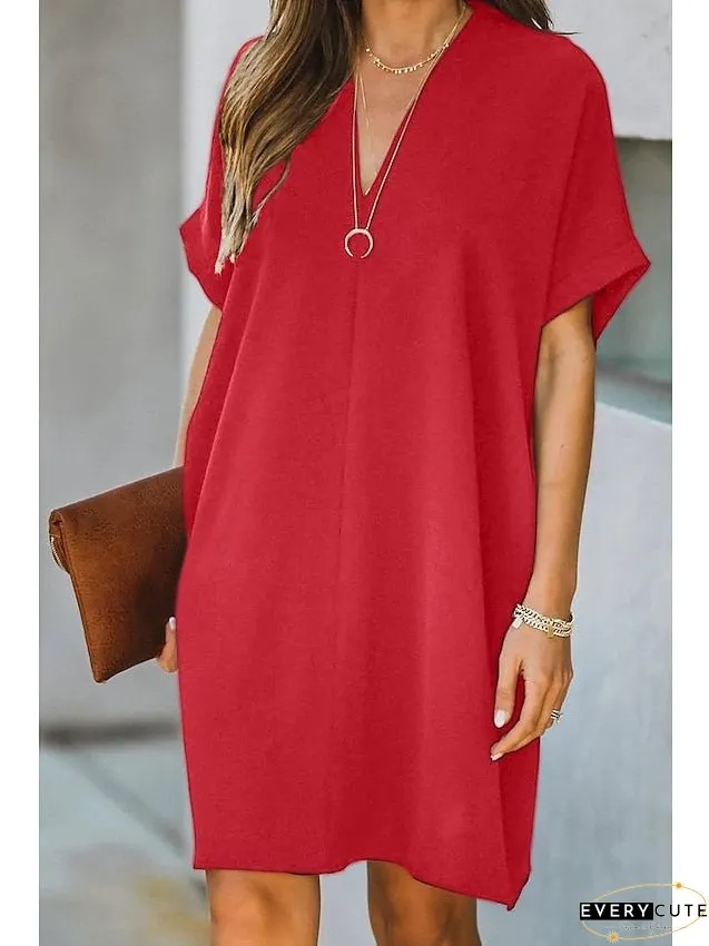 Casual Dress Midi Black White Yellow Short Sleeve Pure Color Summer Spring Neck Hot XXL