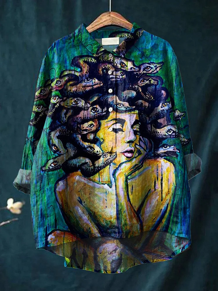 Women's  Medusa Art  Print Casual Cotton And Linen Shirt