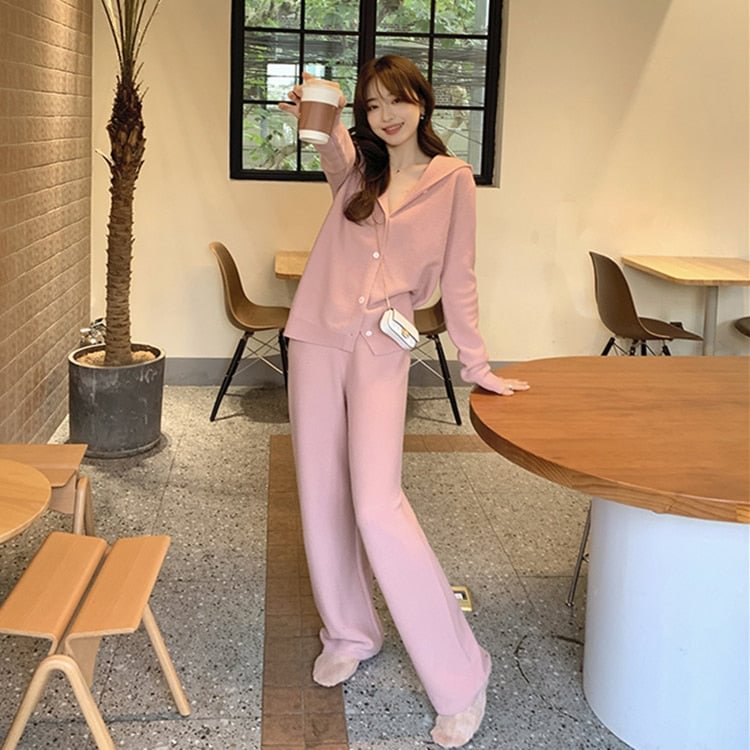 Autumn Winter Casual Knitted 2 Pieces Set Women Hooded Cardigans & Wide Leg Lace-up Knitted Pants Female Sweater Set
