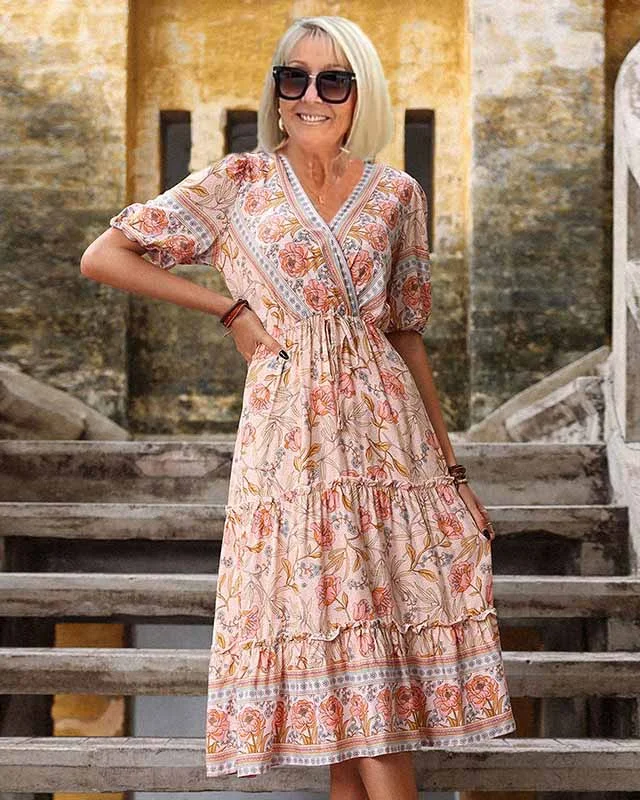 Pink Wooden Ear Printed V-neck Midi Boho Dress VangoghDress