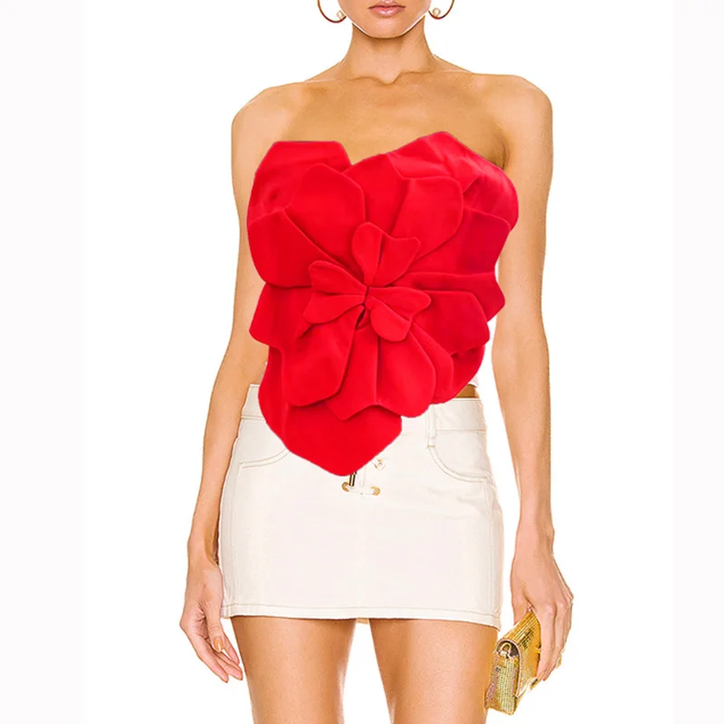 Zingj Sexy Small Vest 2025 Spring New Solid Color Three-Dimensional Flower Splicing Design Tset