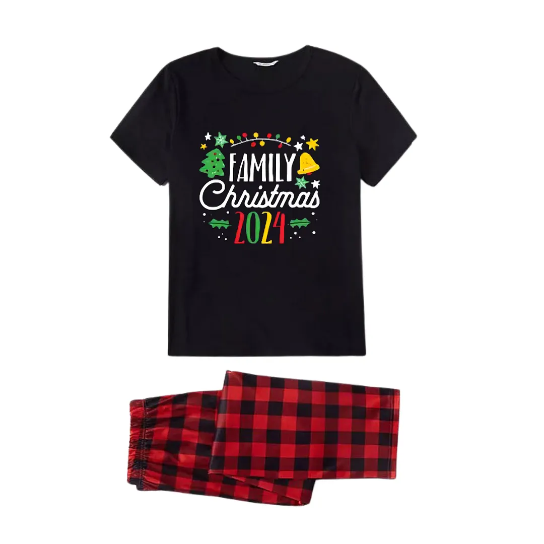 "Family Christmas 2024" Pattern Ⅰ- Black Short Sleeve with Red & Black Plaid Pant Family Matching Pajamas