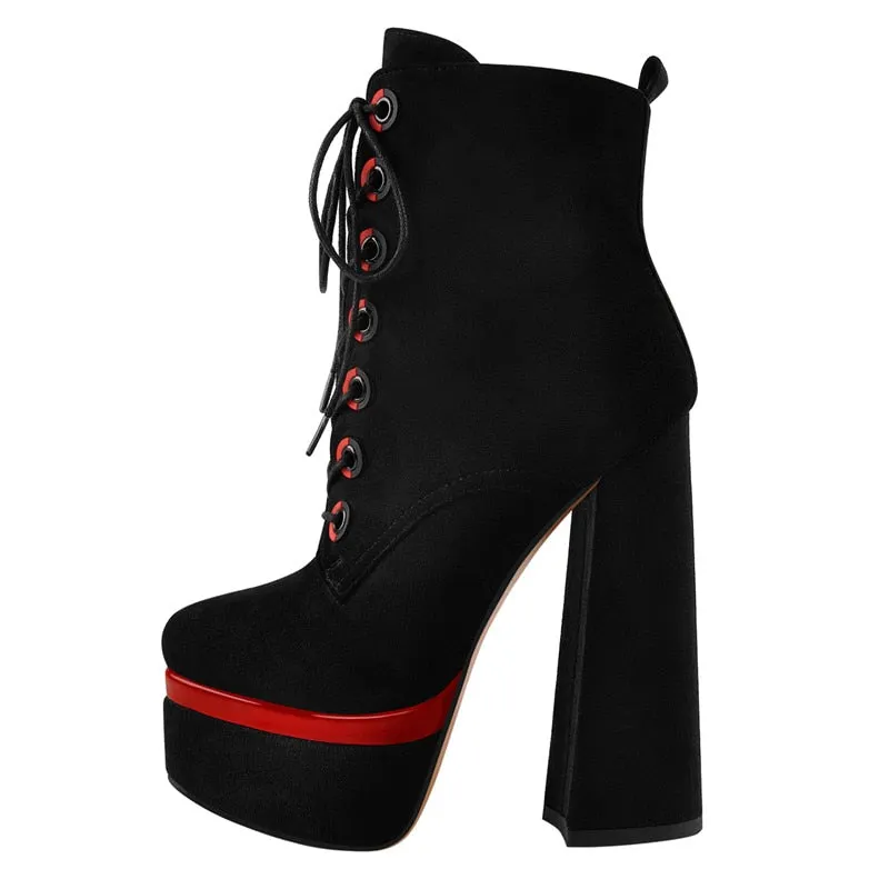 Onlymaker Women's Round Toe Platform Lace Up Squre Chunky High Heel Black Ankle Boots For Winnter Big Size US5~US15