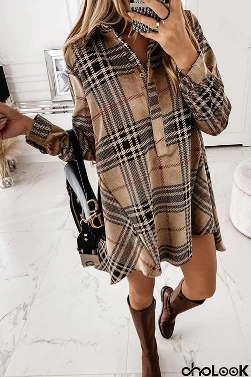 Plaid Button Shirt Long Sleeve Mini Dress