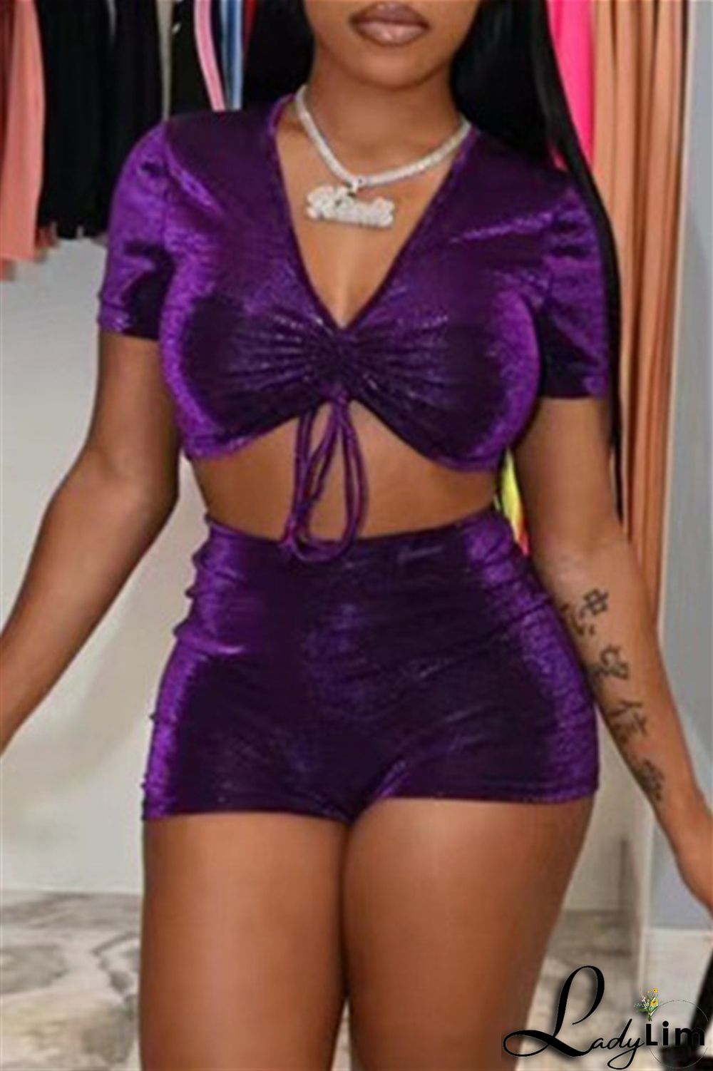 Purple Fashion Casual Solid Draw String Frenulum V Neck Short Sleeve Two Pieces